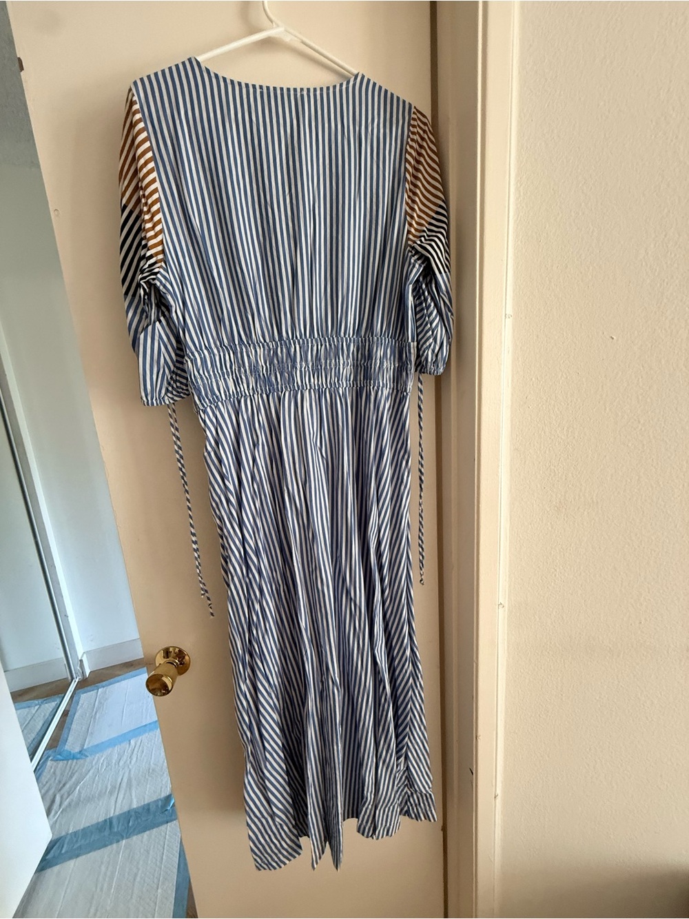 LOFT Blue and White Striped Midi Dress with Brown Accent